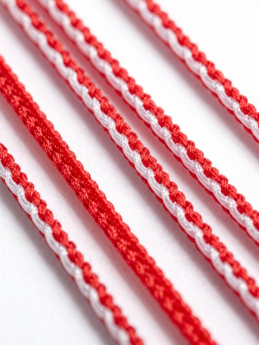 Macro close-up shot of the dual-tone red and white braided nylon cable texture, high-key studio lighting, sharp shadows