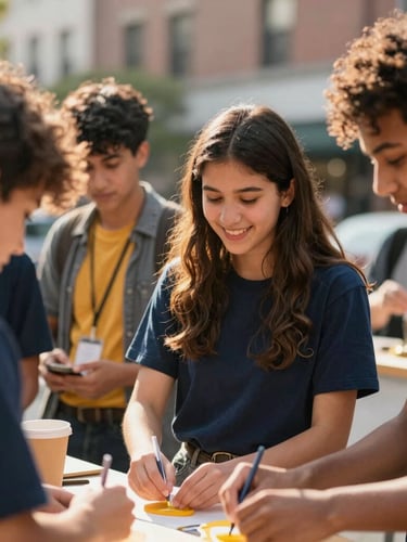 Candid medium shot of diverse NYC teenagers collaborating on a community project, warm natural golden-hour light, shallow depth of field, authentic smiles