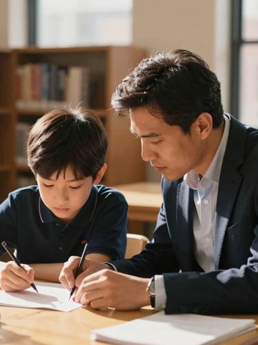 A young student and a mentor working together on a science project in a sunlit New York City library, warm natural light, shallow depth of field.