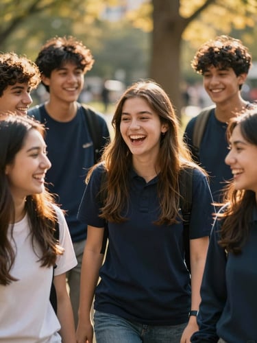 Candid portrait of diverse NYC high school students laughing together in a sunlit park, warm golden-hour lighting, authentic expressions, shallow depth of field