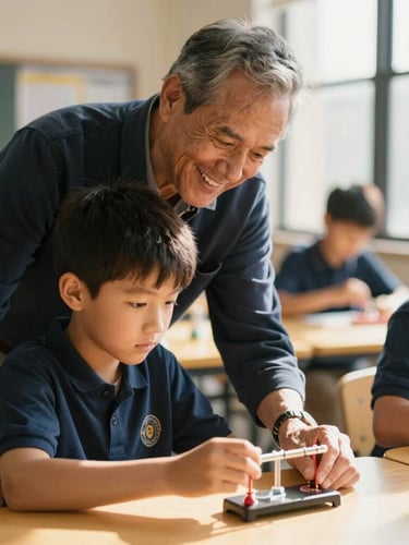Candid medium shot of a smiling veteran mentor guiding a young boy through an educational science project, warm natural daylight, shallow depth of field, NYC community center