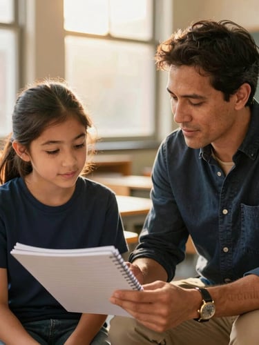 Warm editorial photography of a mentor guiding a young student with a notebook in a bright New York City community center, soft golden-hour light