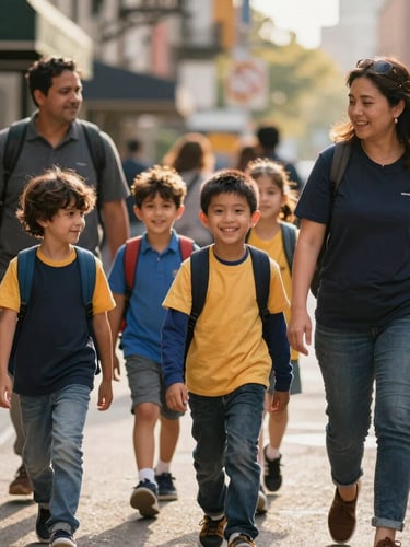 Warm natural light on a diverse group of smiling children walking with their adult mentors down a New York City street, shallow depth of field, authentic moments