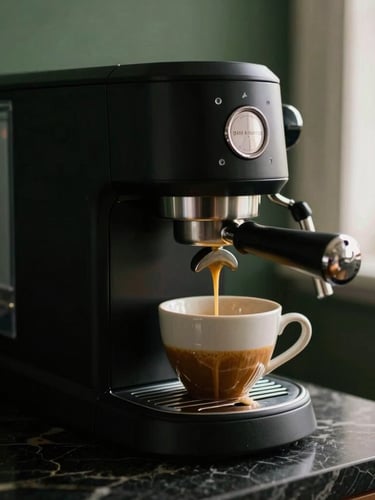 Sleek matte black super-automatic espresso machine on a dark marble countertop, rich golden crema pouring into a ceramic cup, warm side lighting, shallow depth of field, 35mm