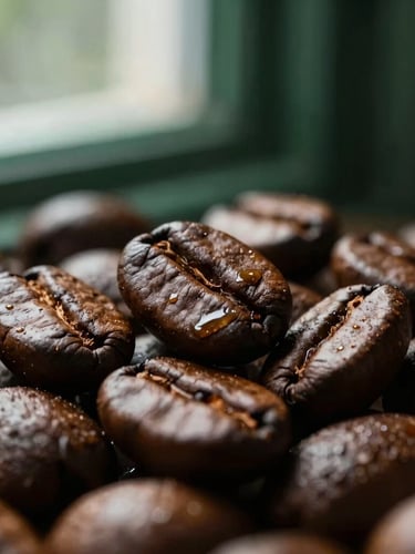 Close-up macro of roasted coffee beans showing oily texture and rich brown tones, soft side window light, deep green shadows, 35mm