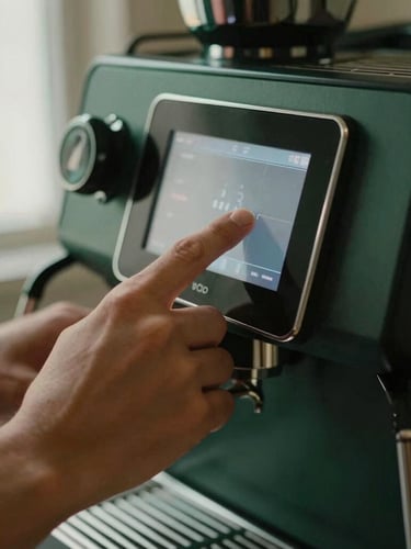 Close-up of clean hands adjusting a digital touch screen on a premium matte-black espresso machine, soft directional lighting, editorial style