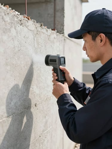 A close-up of a professional inspector in a clean dark navy uniform using a thermal imaging camera to analyze a concrete foundation wall under bright natural light.