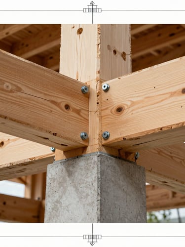 Close-up of a structural timber joint in a modern building, showing steel bolts and clean concrete foundation, bright natural lighting revealing texture, architectural blueprint style framing.