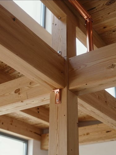 An architectural detail showing exposed timber joints and clean copper plumbing inside a modern building structure, captured in bright revealing light.