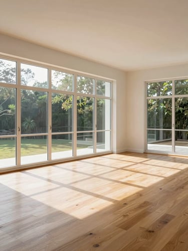 Wide interior shot of a sunlit living room with floor-to-ceiling windows, light hardwood floors, and clean white walls — natural daylight flooding in from the right, showing true room proportion and finish quality