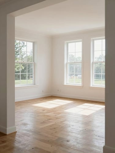 Wide interior shot of a bright living room with large windows flooding the space with natural daylight, clean white walls and light hardwood flooring visible, no people, photographed from the doorway to show full room proportion