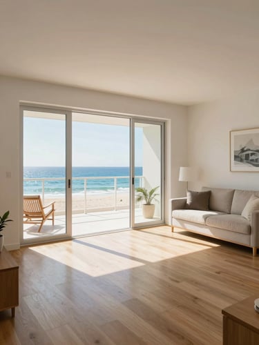 Wide interior of a bright beachside vacation apartment, open-plan living room with large sliding doors open to a sunlit balcony overlooking the ocean, natural daylight flooding the space, clean white walls and light wood flooring