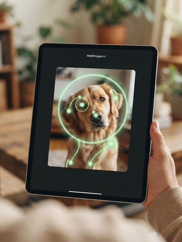 A clean, minimalist digital interface of the PetWhisperAI upload portal on a tablet screen, showing a dog's head tilt photo being analyzed with soft green UI markers, warm natural daylight background, shallow depth of field.