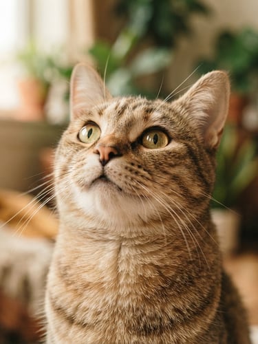 Close-up of a cat looking up with curious eyes, soft natural indoor daylight, warm sand tones, shallow depth of field