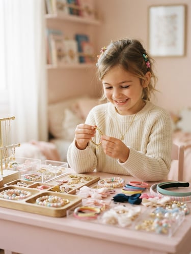 A warm portrait of 7-year-old Gala looking happily at her accessories inventory, soft natural window light, pastel pink background, shallow depth of field, 35mm