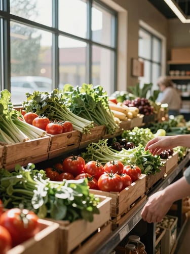 Wide shot of a sunlit boutique grocery aisle, soft natural light streaming through large windows, wooden crates stacked with fresh heirloom tomatoes and leafy greens, a shopper's hand reaching out in soft focus.