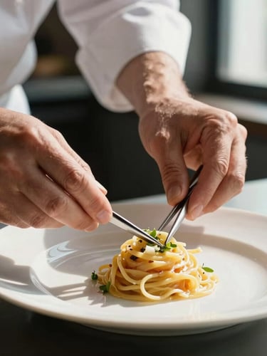 Close-up portrait shot of a chef's hands carefully plating a delicate pasta dish with tweezers under soft window light, deep natural shadows.