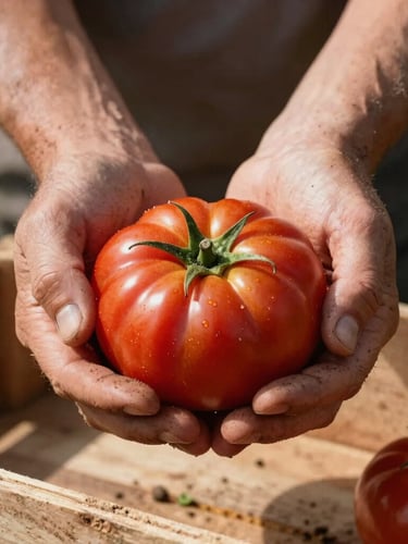 A close-up of a farmer's dirt-stained hands cradling a vibrant red heirloom tomato, soft morning light casting long shadows across a wooden crate.