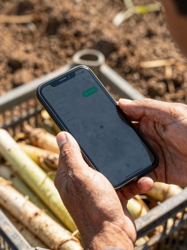 Close-up of a farmer holding an Android smartphone over a crate of freshly harvested crops, harsh midday sun, rich soil tones, 35mm
