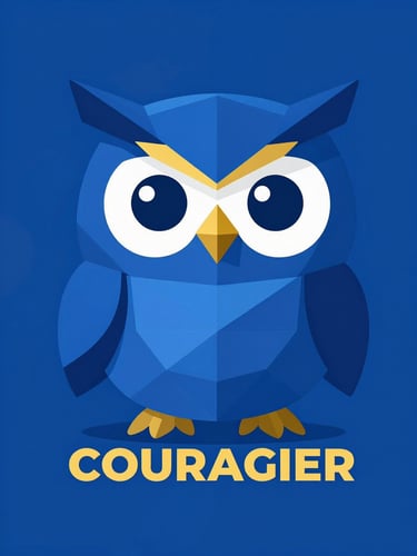 Premium flat vector illustration of the official COURAGIER mascot, a stylized geometric owl representing focus and intelligence, rendered in deep royal blue and gold accents, crisp digital studio lighting.