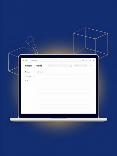 Minimalist UI mockup of a Notion workspace on a sleek laptop screen, deep royal blue background, soft golden ambient glow, clean geometric wireframes floating in background
