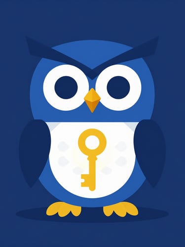 A premium flat vector illustration of the COURAGIER mascot, a stylized wise owl holding a glowing golden key, clean geometric shapes, deep royal blue background with gold accents, modern tech aesthetic, minimalist