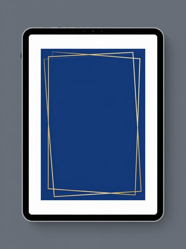 A premium flat vector mockup of a sleek digital tablet displaying a clean book cover with gold geometric wireframes, deep royal blue background, minimalist style