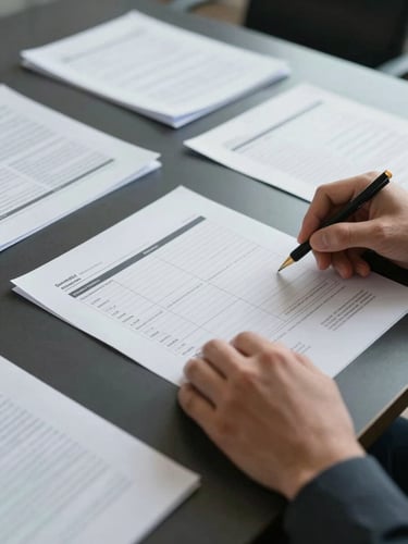 Close-up of hands arranging financial model printouts on a dark boardroom table, annotated pages visible, cool overhead daylight, no faces