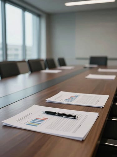 Wide conference table from the side, deal documents and a pen resting on printed financial models, cool daylight entering from tall windows at left, empty boardroom chairs in soft focus background, no people visible