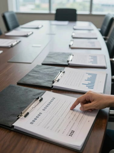Wide shot of a prepared boardroom table under cool window daylight, manila folders and printed financial models spread open, a hand pointing at a line of figures, empty chairs in background suggesting readiness before a deal meeting