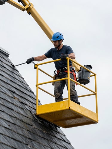 Portrait shot of a roofer replacing a damaged slate tile from the safety cage of a yellow cherry picker, close-up on slate textures.