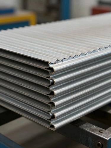 Extreme close-up of corrugated sheet layers under a steel compression jig, tungsten shop light raking across the flute ridges, fracture stress lines visible at the seam edge, factory floor blurred in background