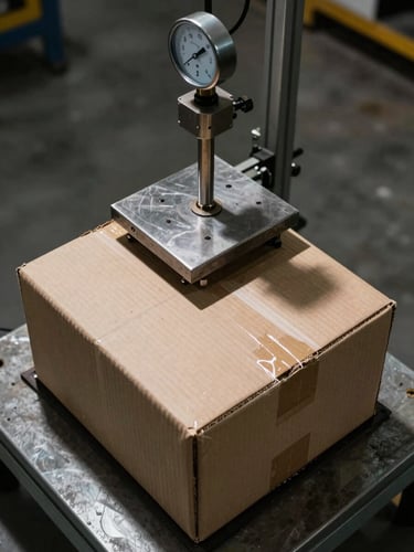 Overhead shot of a corrugated box on a compression test rig, steel platens pressing down, load gauge visible at the top of the frame, factory floor concrete below, tungsten light from above casting a hard shadow at the box edges