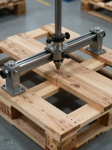 Close-up overhead shot of a wooden pallet under steel load-testing jig in a tungsten-lit factory, visible joint stress points and numbered test markers on the wood surface, industrial floor in background
