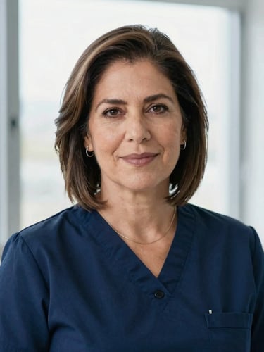 Editorial portrait of Dra. Gabriela González Galindo, soft natural window light, deep indigo tones, professional clinical setting, direct empathetic eye contact, shallow depth of field, 85mm lens