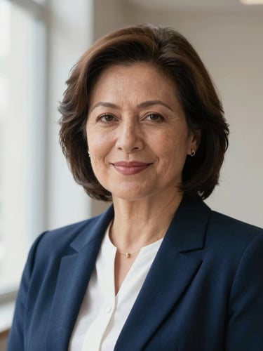 Dignified editorial portrait of a female lawyer in her 40s with a warm, empathetic expression, soft natural window light, deep indigo and clinical white tones, shallow depth of field.