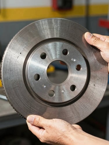 Hands of a real mechanic holding a metallic brake disc in a bright workshop, direct sunlight, sharp focus, 35mm