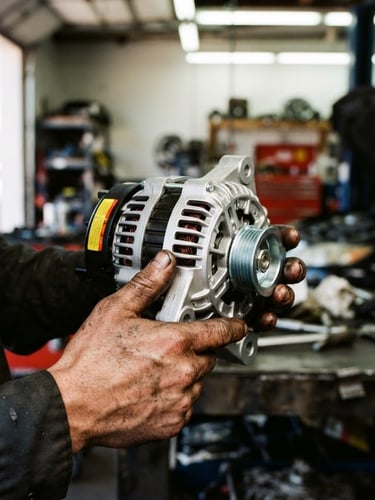 Close-up of a mechanic with grease-stained hands holding a brand new metallic alternator, bright high-contrast workshop lighting, workshop background.