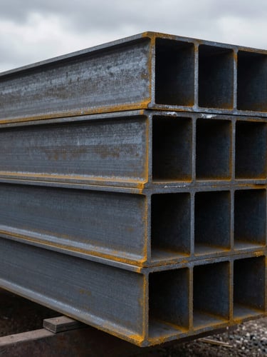 Stacked heavy steel I-beams in a fabrication yard, raw metallic textures under dramatic overcast daylight, industrial photography