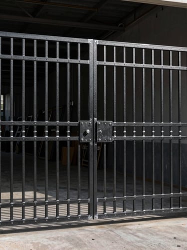 A massive custom-forged black iron security gate with clean welds, industrial design, outdoor daylight