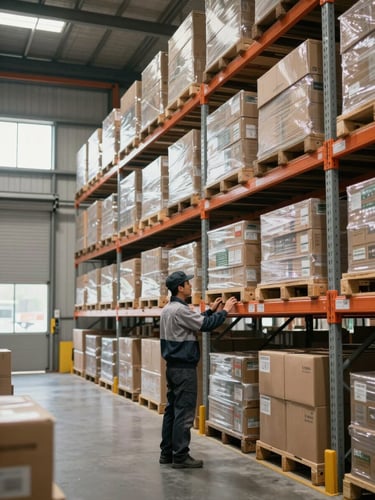 Environmental wide shot inside a distribution warehouse, worker in work clothes checking inventory on tall metal shelving, product boxes neatly stacked floor to ceiling, daylight through side warehouse windows, organized and operational