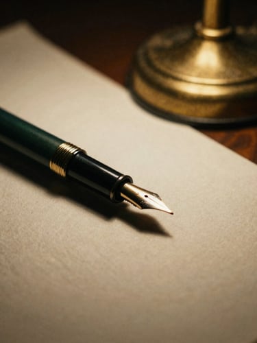 Extreme close-up of a vintage fountain pen resting on heavy, textured cotton paper, warm low-key chiaroscuro lighting from a single brass desk lamp, rich dark green shadows, shallow depth of field, 35mm film grain.