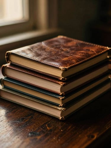 A stack of old, leather-bound notebooks and archived diaries on a dark oak desk, warm golden-hour window light filtering in, moody shadows, shallow depth of field
