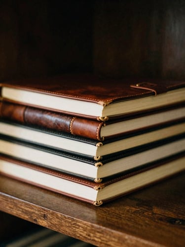 A stack of old leather-bound notebooks and journals on a dark wooden shelf, low-key dramatic lighting, shallow depth of field, 35mm film grain
