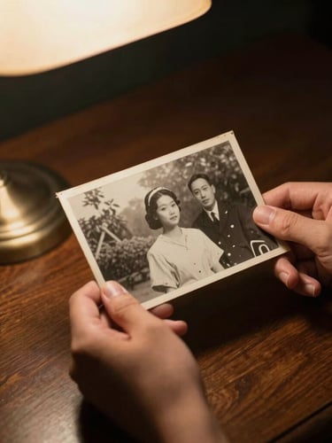 Hands carefully holding an old, faded black-and-white photograph over a mahogany desk, soft desk lamp glow, rich dark tones