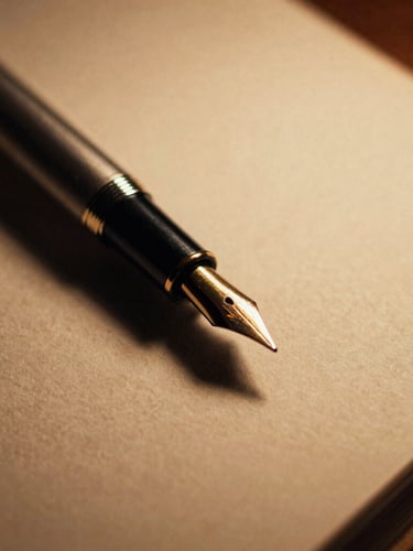 Extreme close-up of a vintage fountain pen resting on heavy, textured cotton paper, warm low-key desk lamp light, dramatic shadows, shallow depth of field, 35mm film grain