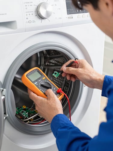 Close-up of a technician's hands in blue uniform using a digital multimeter to test a green circuit board inside a modern washing machine, bright clean daylight, sharp focus.