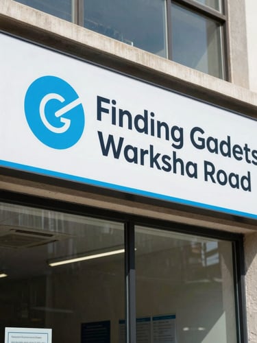 Bright, clean daylight photograph of the Finding Gadgets workshop exterior on Maliha Road, professional signage visible, crisp details, 35mm