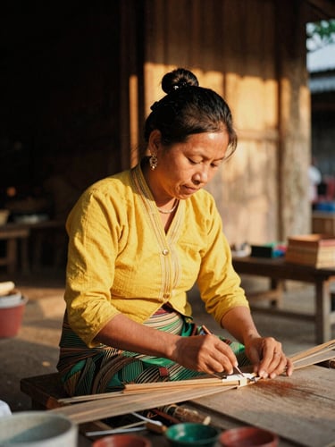 Intimate portrait of a local artisan in Chiang Mai, warm golden hour light, rich shadows, authentic 35mm film grain