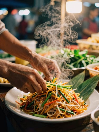 Close-up of hands preparing fresh pad thai at a vibrant night market stall in Chiang Mai, steam rising, warm ambient night light, rich colors, authentic 35mm documentary photography.
